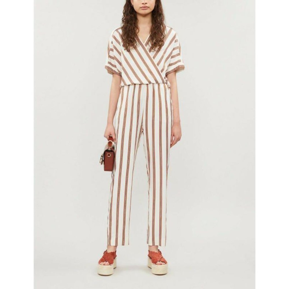 NWT Maje Pieni Stripe Jumpsuit Surplice V-Neck Straight Leg Cream Orange Brown S